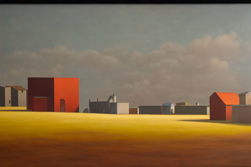 Minimalist Landscape Painting with Geometric Buildings and Red Structure