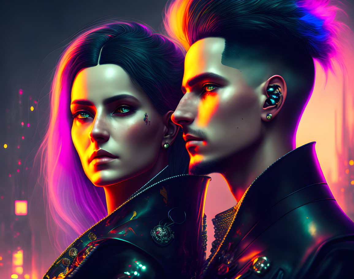 Neon-lit stylish man and woman in digital art