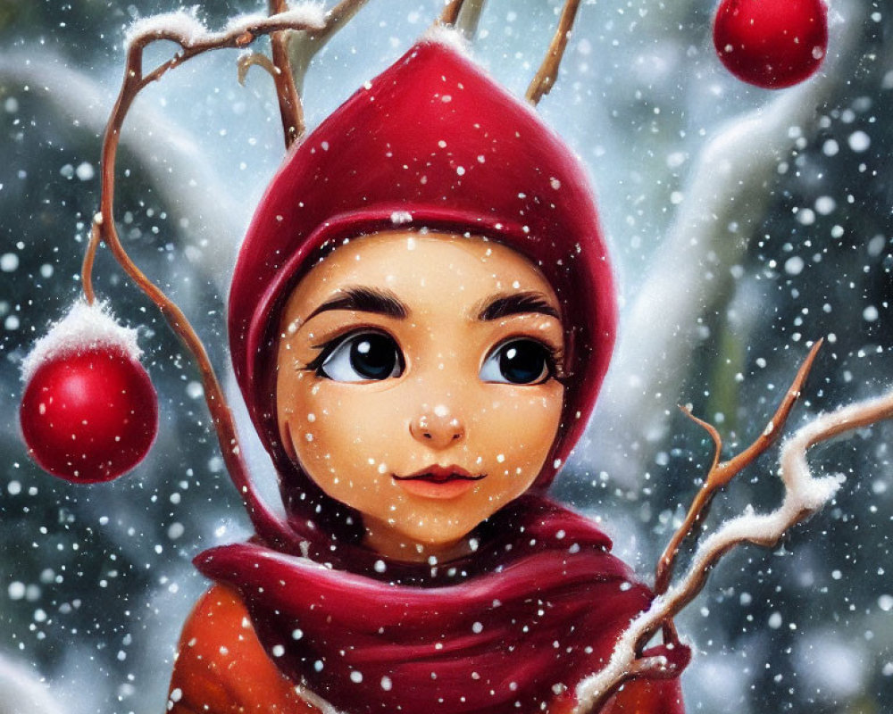 Digital illustration: Person with big eyes in red hood and scarf, snowflakes, red baub