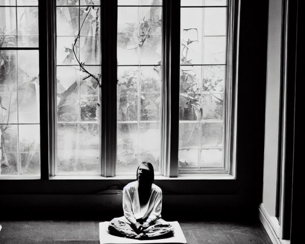 Individual in dimly lit room by large window with translucent curtains