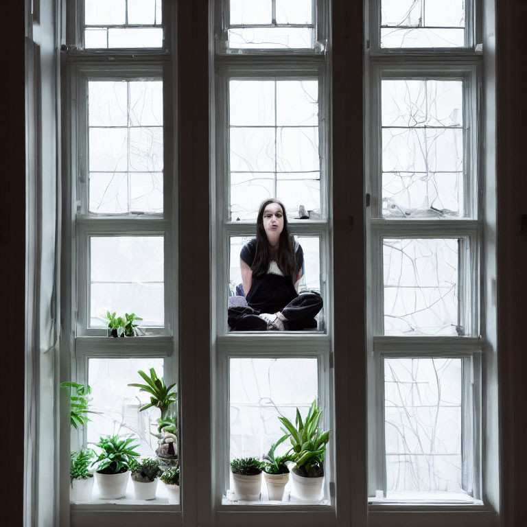 Person sitting on window sill with white frames and leafy plants, bare tree branches in background