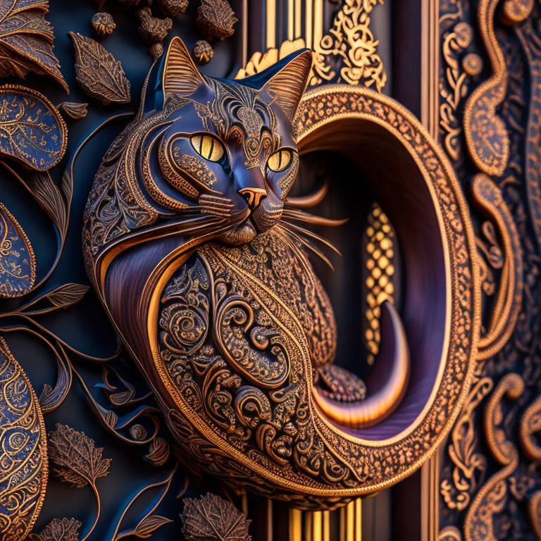 Intricate Black Cat Sculpture with Gold Highlights on Elaborate Dark Background