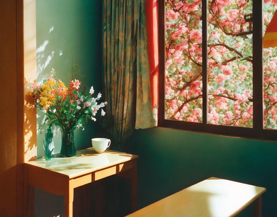 Sunlit Room with Pink Blossoms View and Vase of Flowers