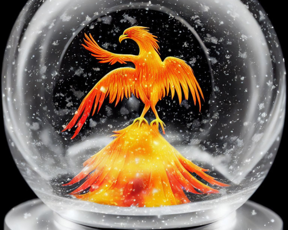 Fiery phoenix in snow globe on black background