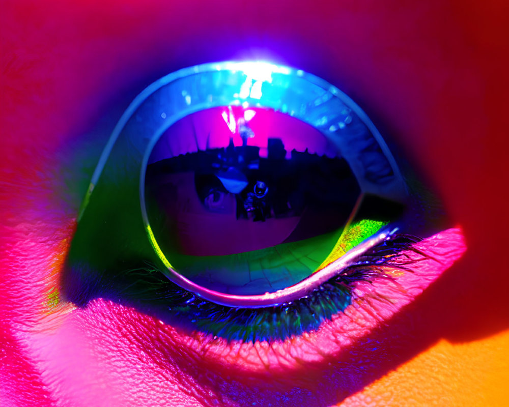 Detailed close-up of human eye reflecting vivid landscape with neon lighting and dramatic shadows