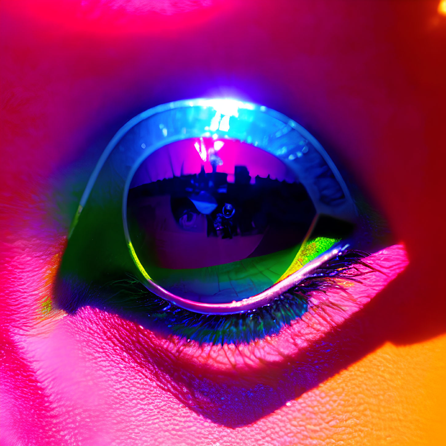 Detailed close-up of human eye reflecting vivid landscape with neon lighting and dramatic shadows