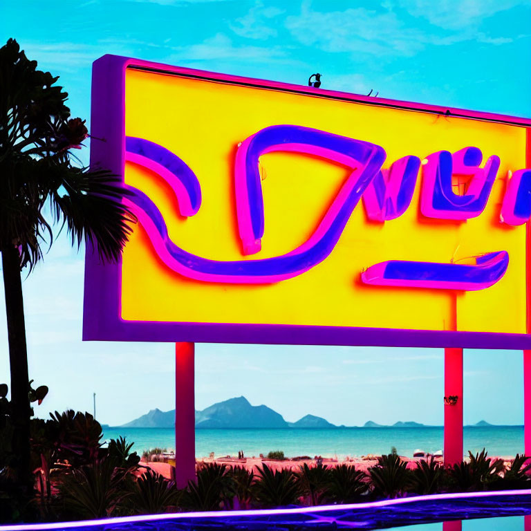 Abstract Neon Sign Against Dusky Sky and Mountains