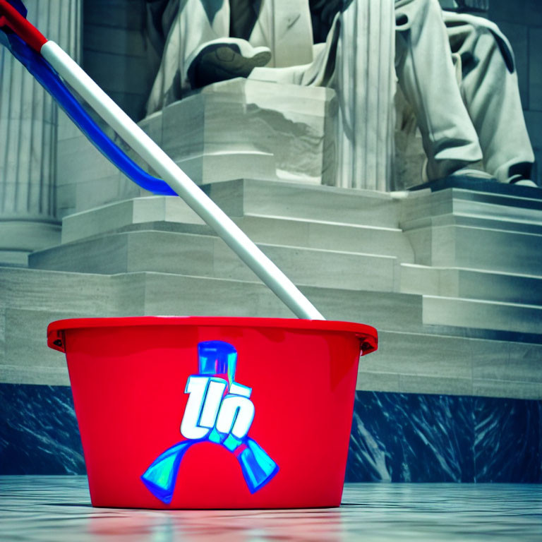 Red mop bucket with blue handle on marble floor near seated figure statue