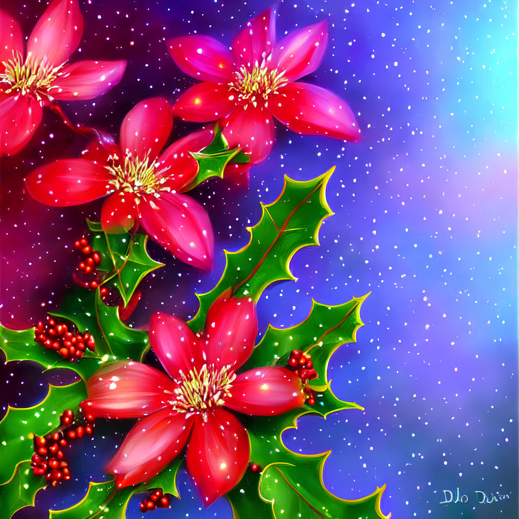 Colorful digital artwork featuring red poinsettias, green holly leaves, and red berries on