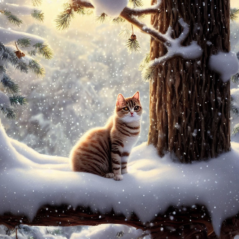 Orange and White Cat Sitting in Snowy Landscape with Trees