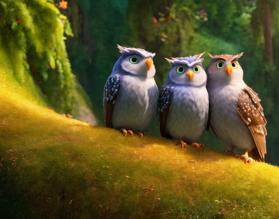 Three animated owls on mossy hillside in sunlit forest