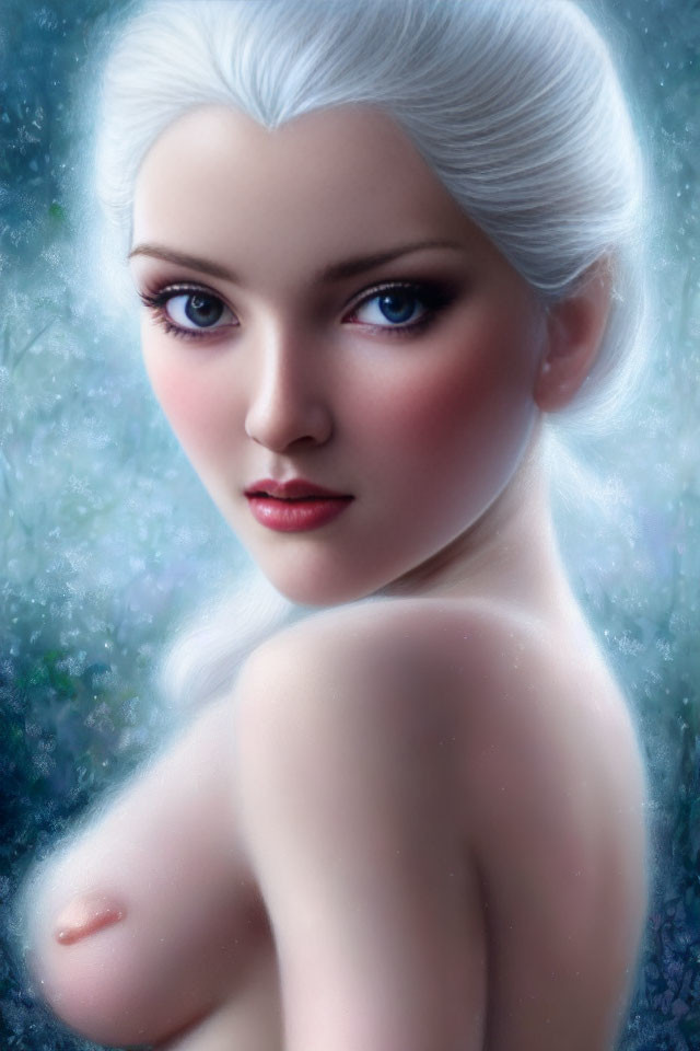 Pale-skinned woman with blue eyes and white hair in digital art against frosty blue background.