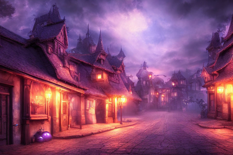 Mystical twilight cobblestone street in old village with warmly lit storefronts