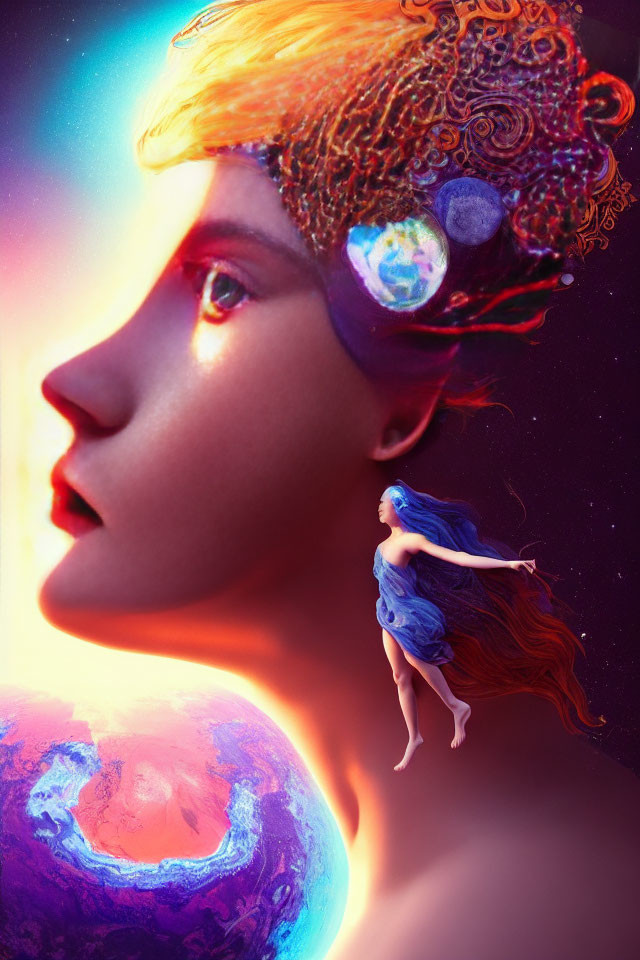 Artistic depiction of woman's profile merging with cosmic elements and fairy figure among vibrant celestial bodies