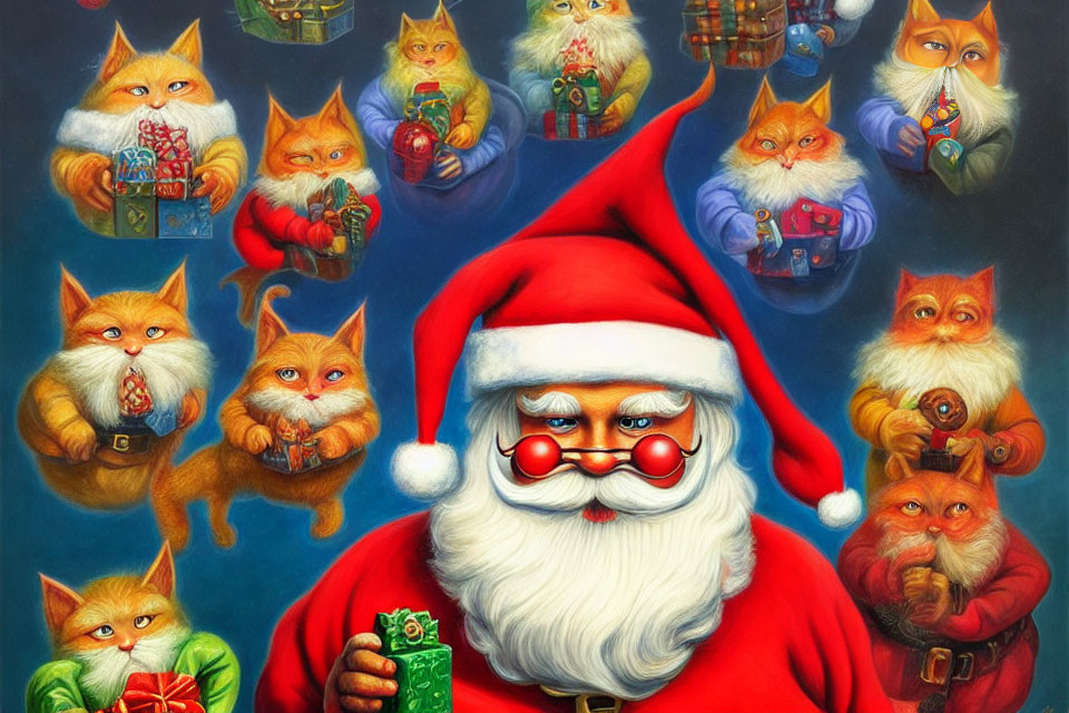 Santa Claus with orange cats dressed as elves and gifts.