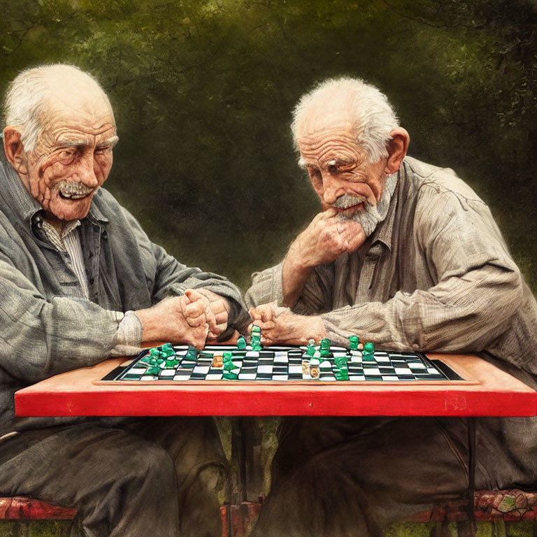 Elderly men with grey beards playing checkers outdoors