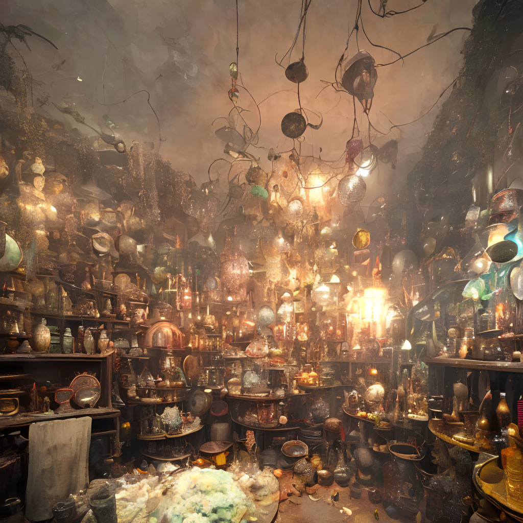 Antique Shop Filled with Lamps, Vases, and Pots in Warm, Mysterious