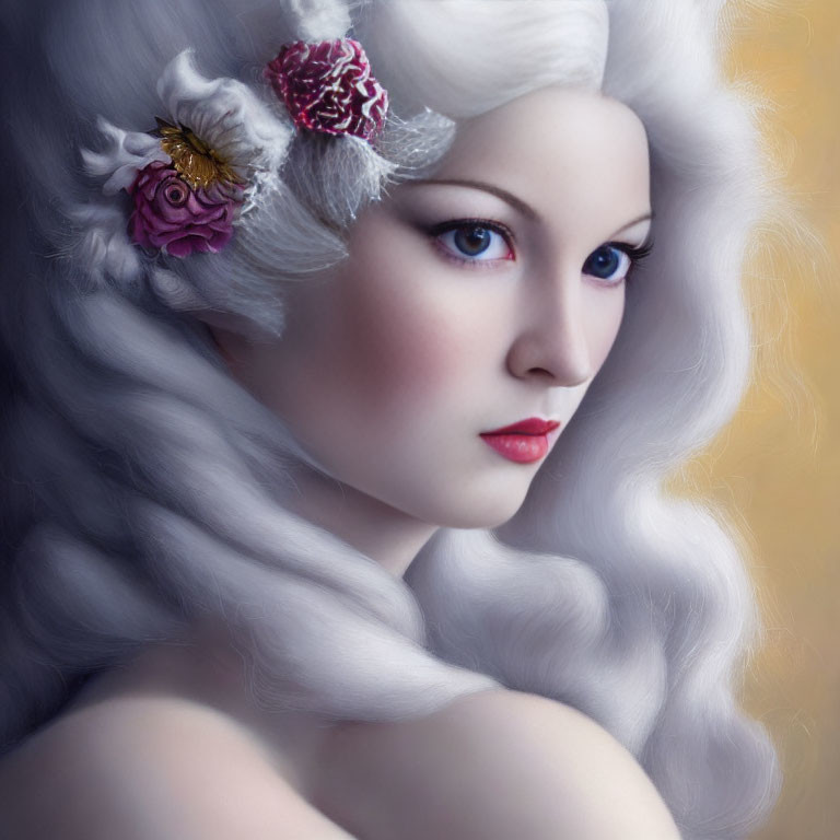 Digital portrait of a woman with curly white hair and flowers - classical beauty