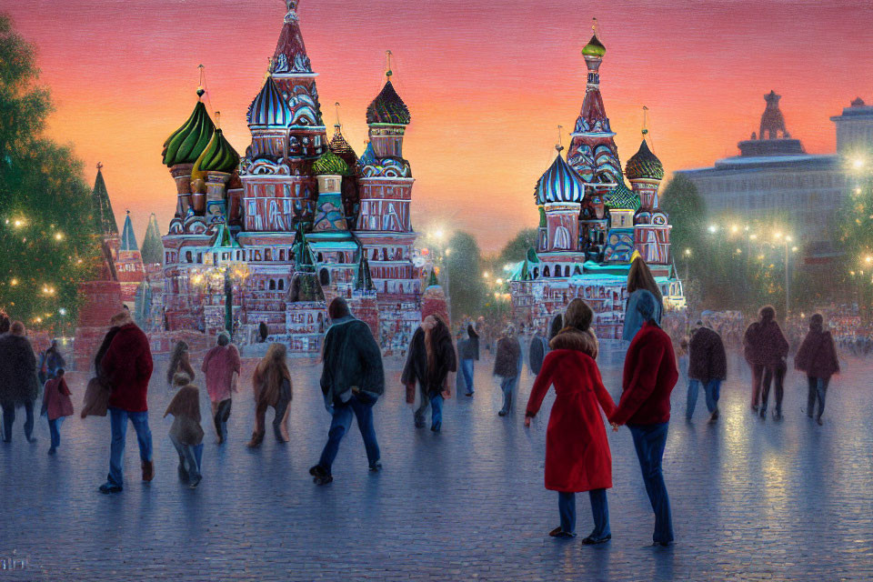 Colorful Onion-Domed Cathedral with Vibrant Dusk Sky