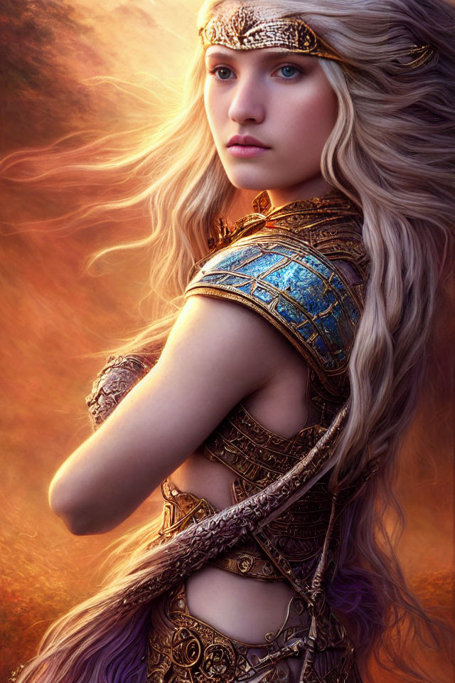 Fantasy female warrior digital art with blonde hair and golden armor