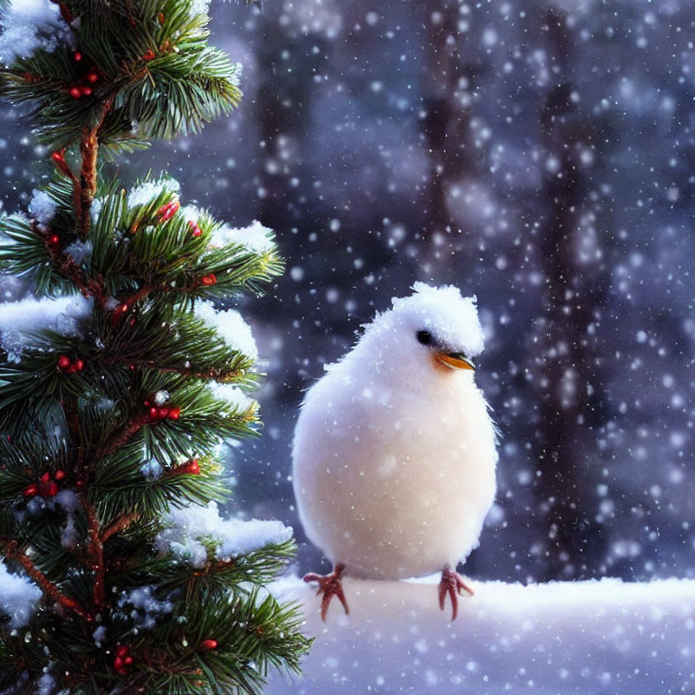 White bird covered in snow near pine branch with red berries in snowy setting