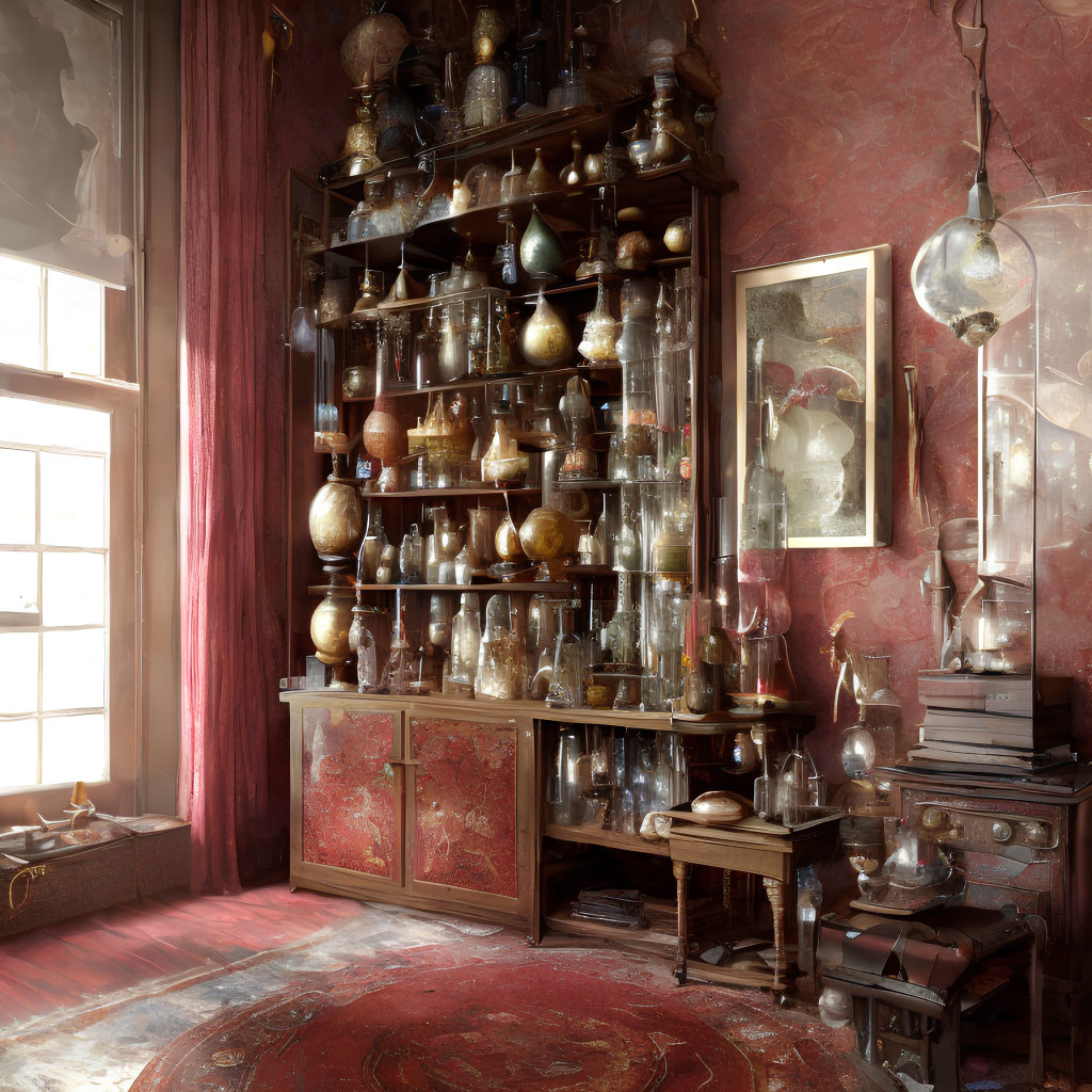 Vintage Glass Vessels Displayed on Large Wooden Shelf in Antique-Filled Room