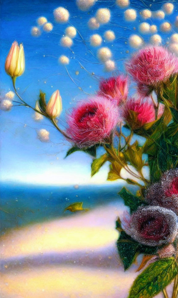 Pink flowers painting with dreamlike sky evokes serene atmosphere