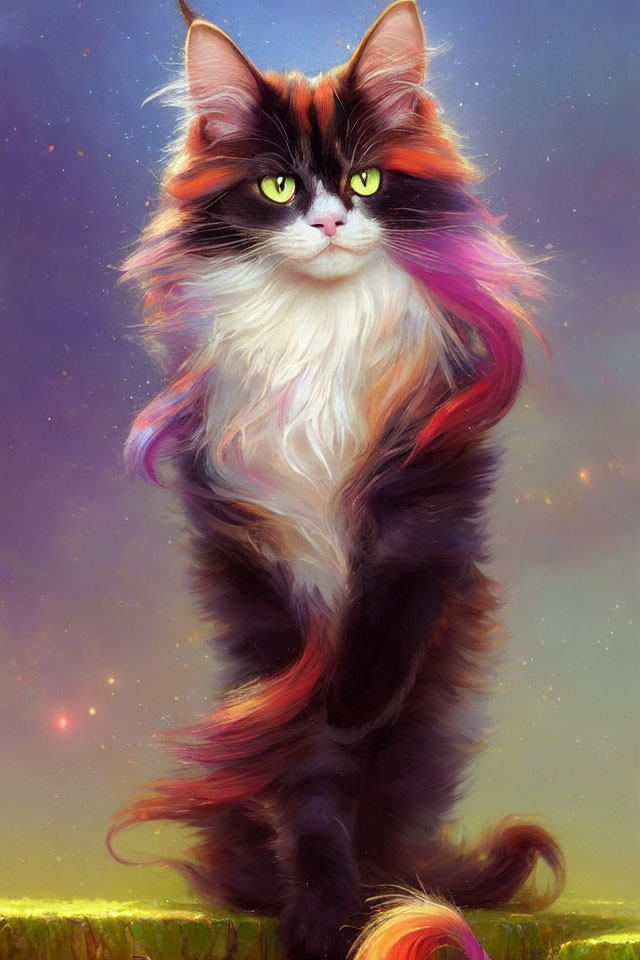 Long-Haired Cat with Black, White, Pink Fur, and Green Eyes on Starry Background