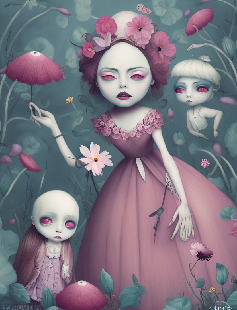 Three pale, doll-like figures in pink flower and mushroom scene