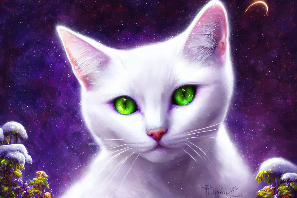 White Cat with Green Eyes Against Purple Nebulae and Stars