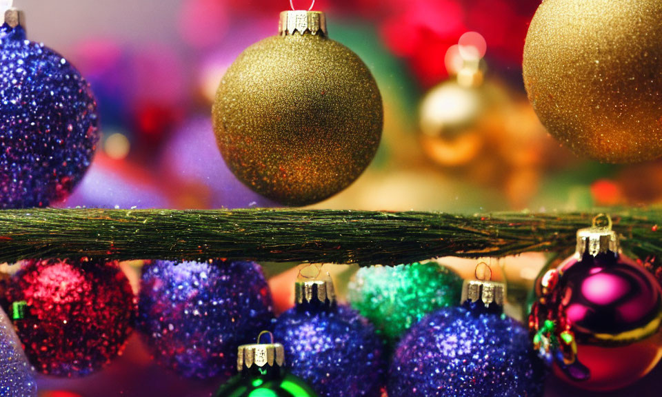 Vibrant Christmas ornaments on green branch with colorful bokeh.