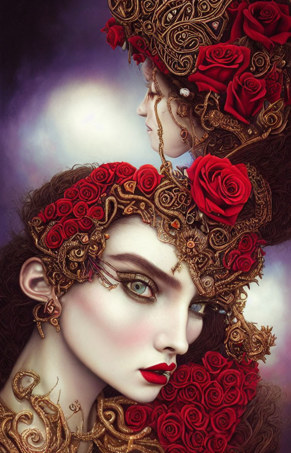 Women in Rose and Gold Headpieces with Intricate Jewelry