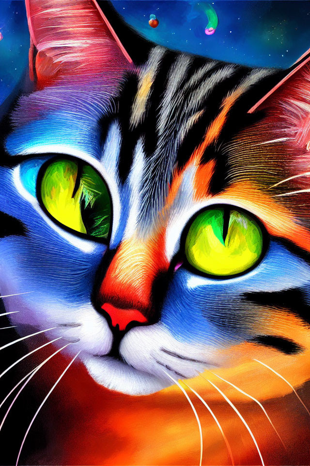 Colorful Stylized Cat with Green Eyes in Cosmic Space Theme