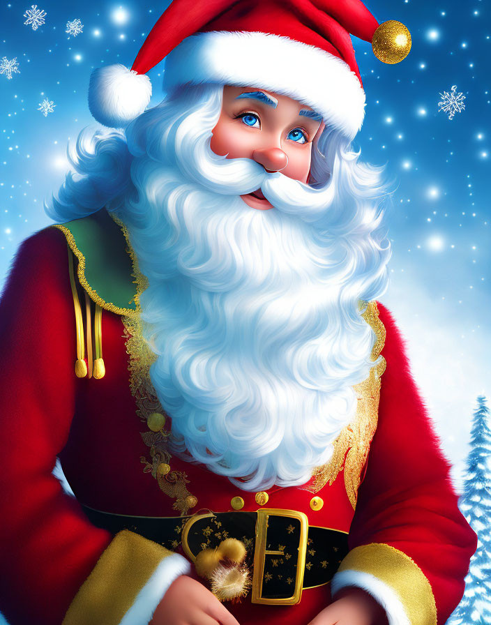Cheerful Santa Claus Illustration in Red and Gold Suit