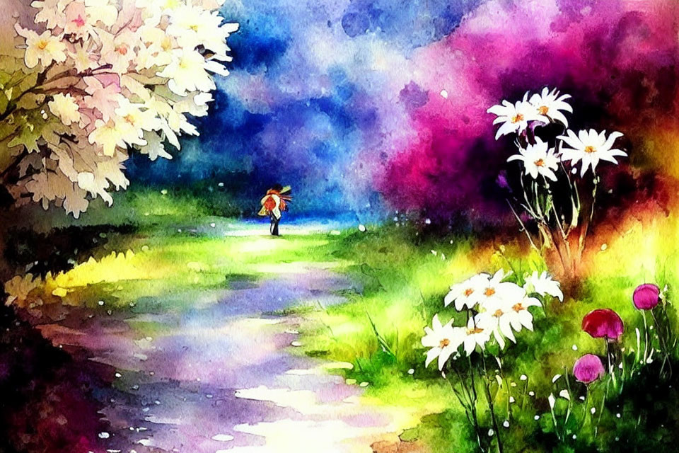 Colorful Watercolor Painting of Person Walking Down Flower-Lined Path