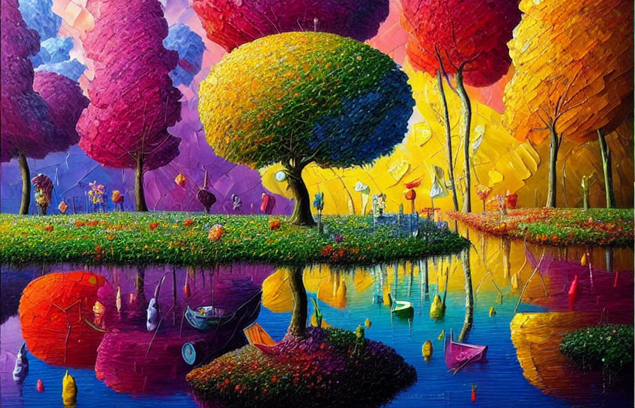 Colorful Whimsical Landscape with Trees, River, Boats, and Flowers