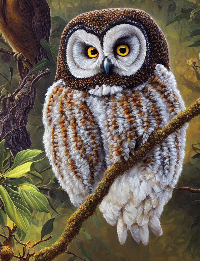 Detailed painting: Brown and white owl on branch with lush green foliage and second bird.