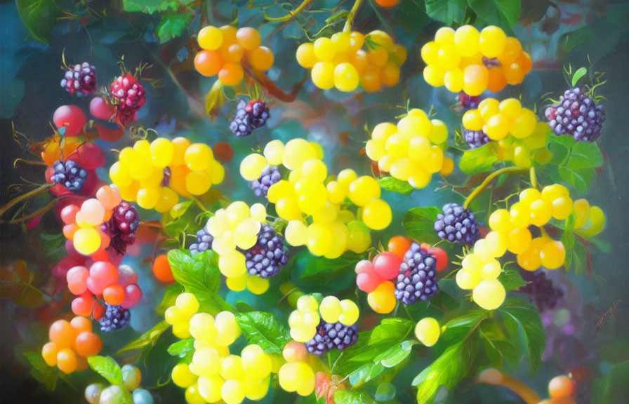 Colorful painting of ripe berries and foliage in dreamy style