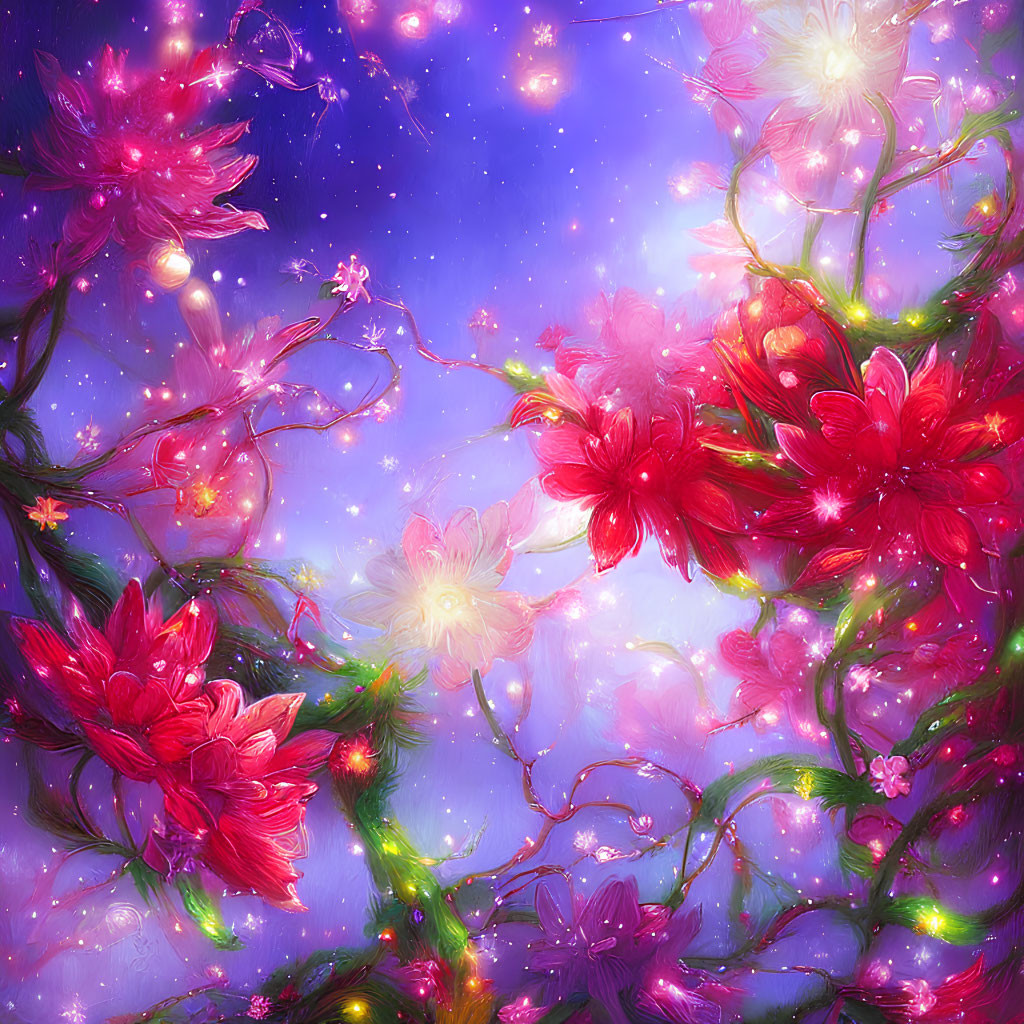 Fantasy illustration: Pink flowers, green vines on purple sky.