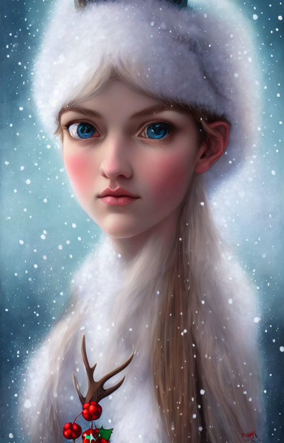 Young girl with blue eyes in white furry hat, snowy background