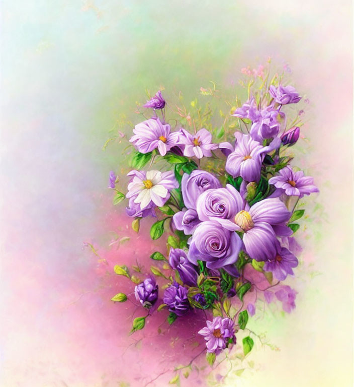 Purple and Lilac Flowers Painting on Pastel Background