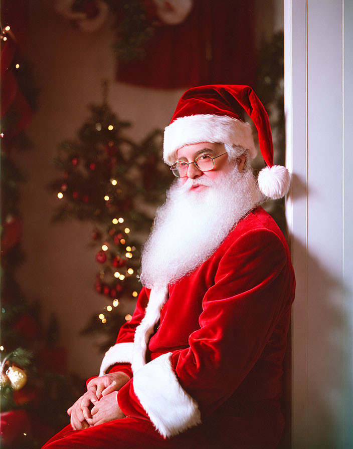 Santa Claus Sitting by Christmas Tree in Thoughtful Pose