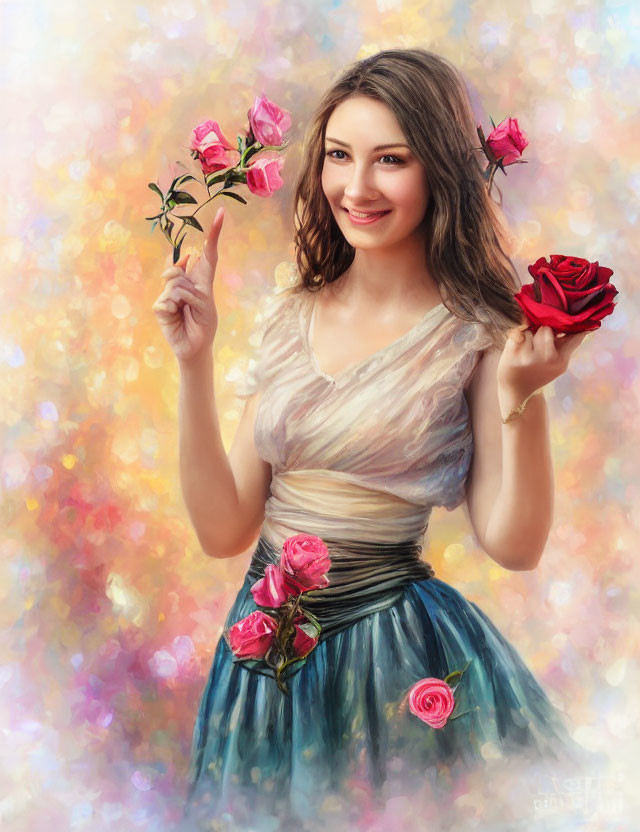 Smiling woman in pastel dress with floating roses on multicolored backdrop