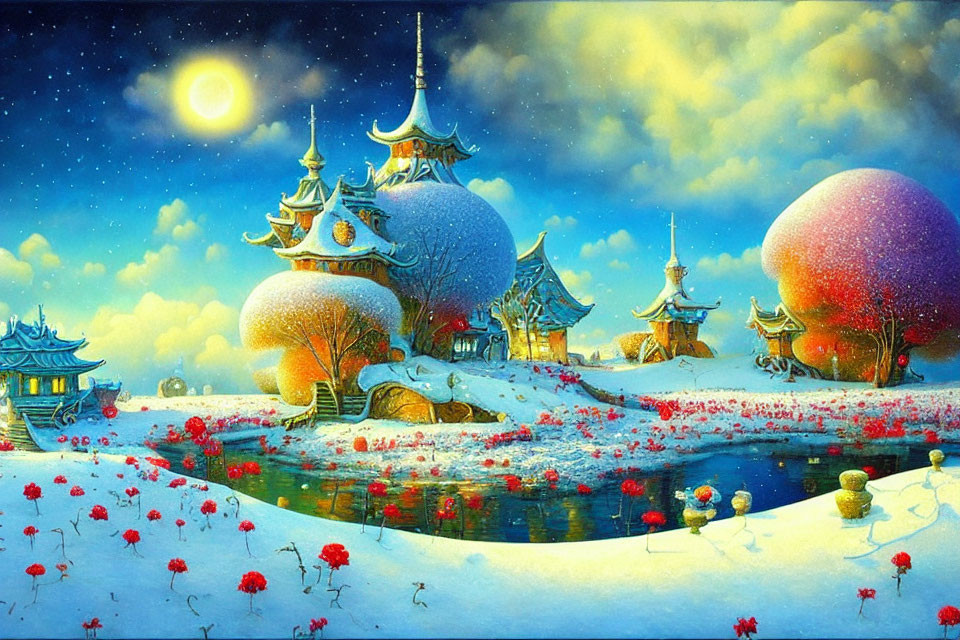 Winter Fantasy Scene: Red Flowers, Snowy Buildings, Moonlit Sky