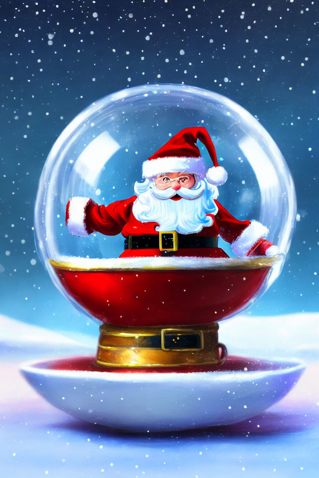 Santa Claus in Snow Globe with Falling Snowflakes and Night Sky