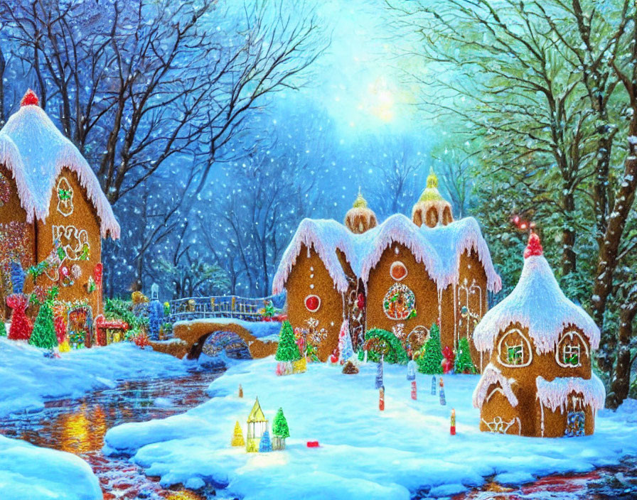 Whimsical winter scene with gingerbread houses, candy cane path, bridge, lanterns, and