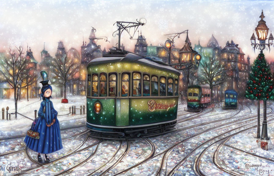 Illustrated winter scene with vintage trams, snow-covered tracks, and cozy houses