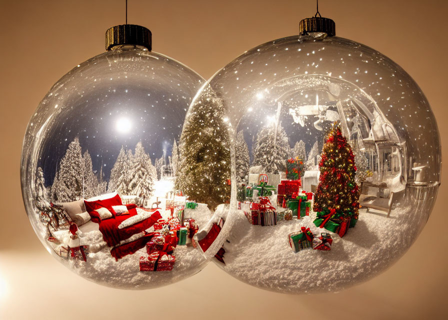 Transparent Christmas Ornaments with Winter Scenes and Snowy Landscape