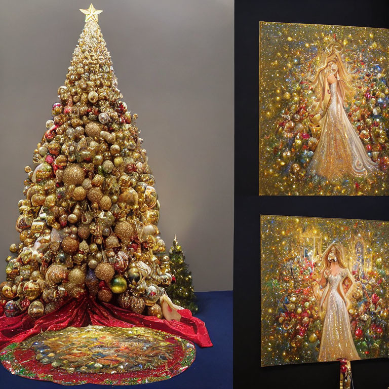 Golden Baubles and Angelic Figures Adorn Christmas Tree Scene