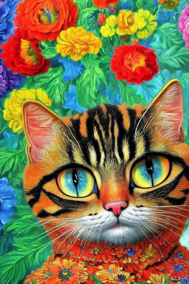 Colorful Cat Painting with Yellow Eyes and Floral Background